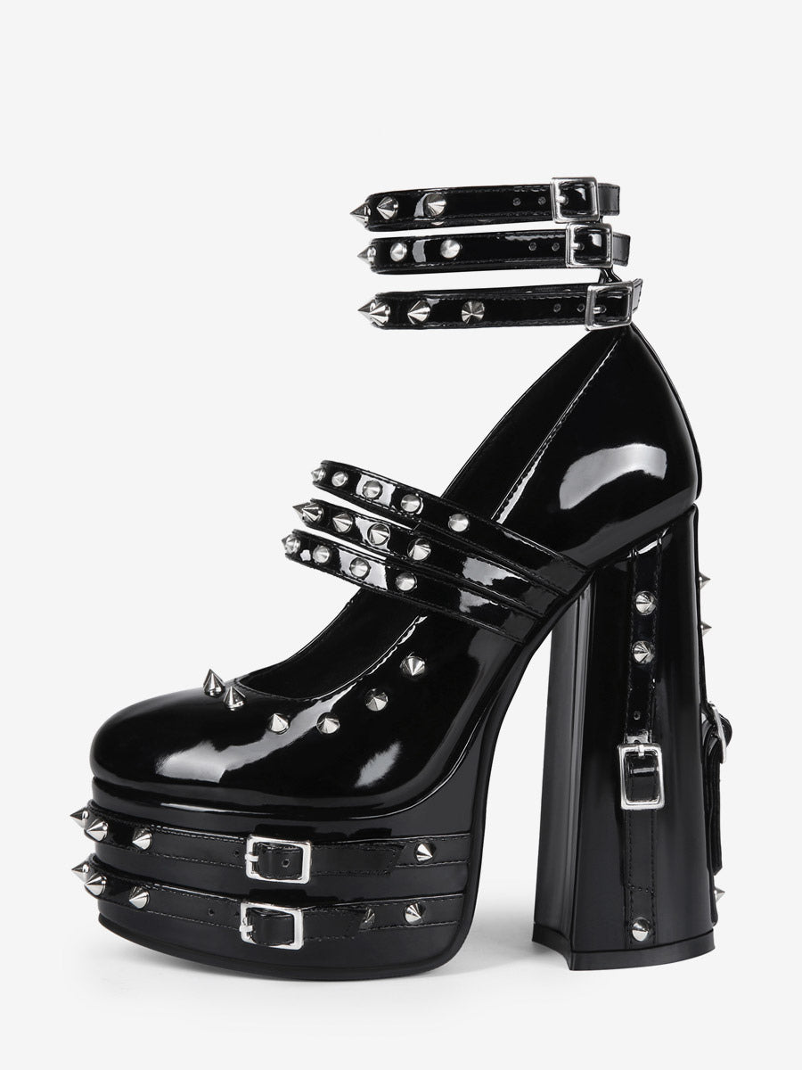 Black Round-Toe Platform Block Heel Court Shoes — view 8