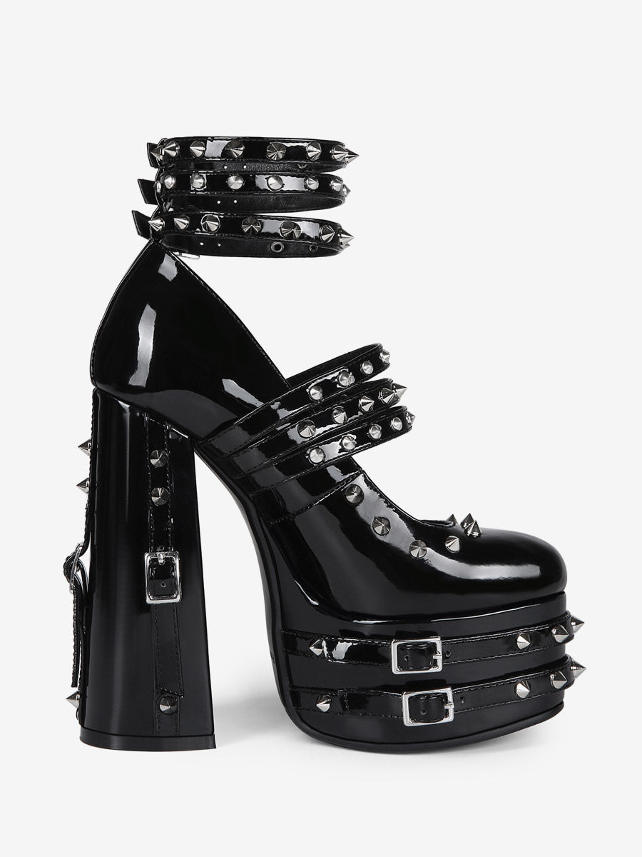 black round toe platform block heel court shoes — view 9