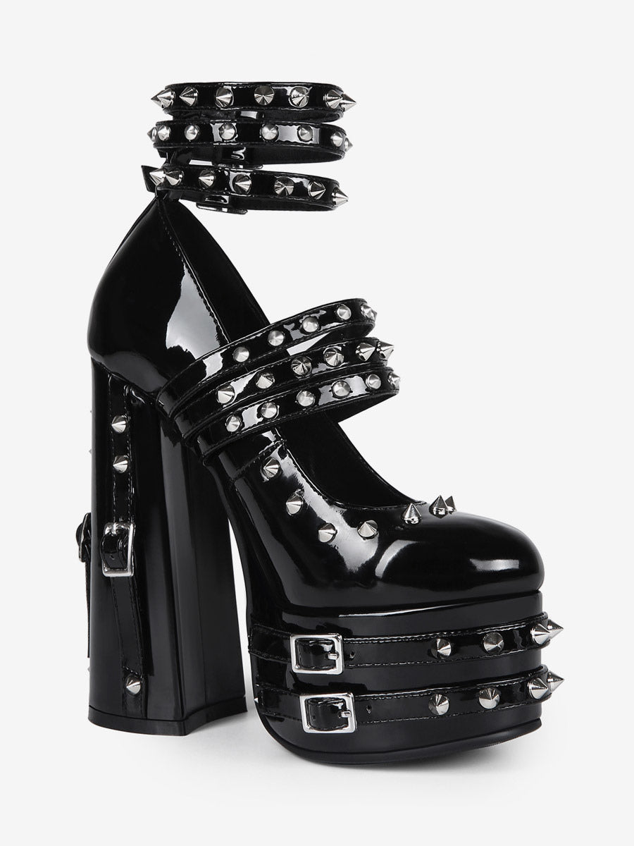 black round toe platform block heel court shoes — view 10