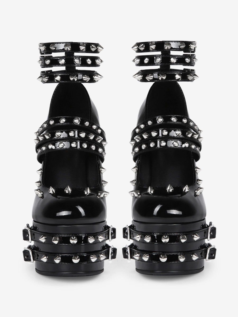Black Round-Toe Platform Block Heel Court Shoes — view 11