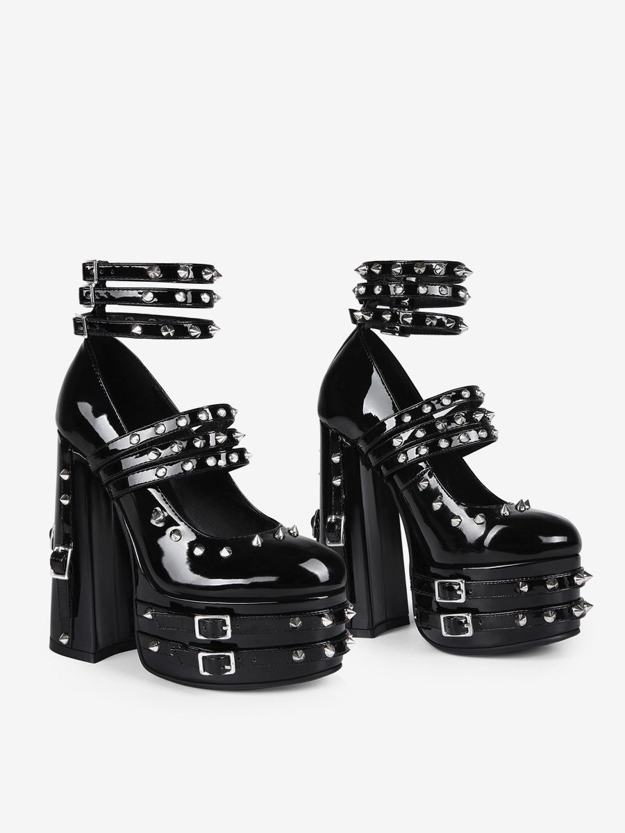 black round toe platform block heel court shoes — view 12