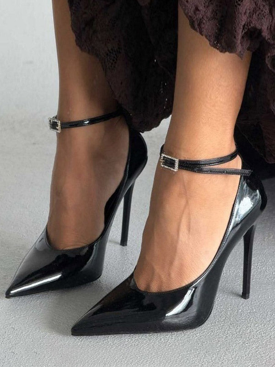 Black Pointed-Toe Ankle-Strap Embellished Court Shoes — view 1