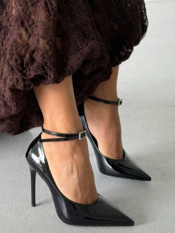 black pointed toe ankle strap embellished court shoes — view 2