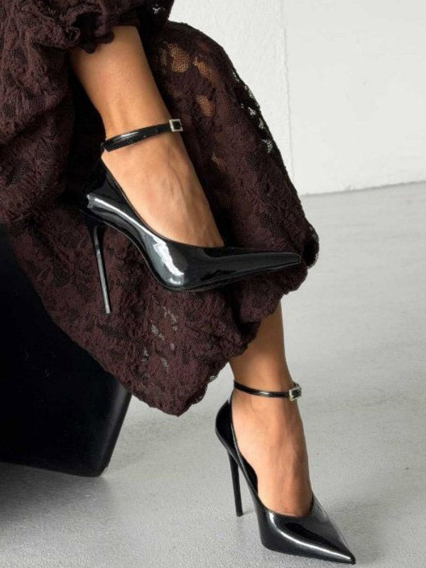 black pointed toe ankle strap embellished court shoes — view 3