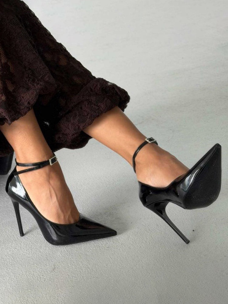 black pointed toe ankle strap embellished court shoes — view 4