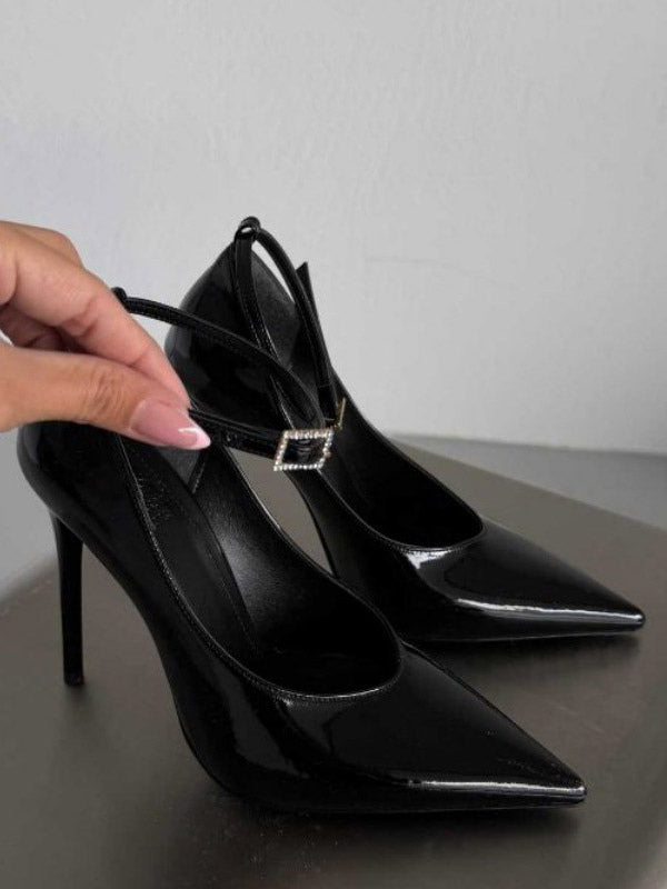 Black Pointed-Toe Ankle-Strap Embellished Court Shoes — view 5