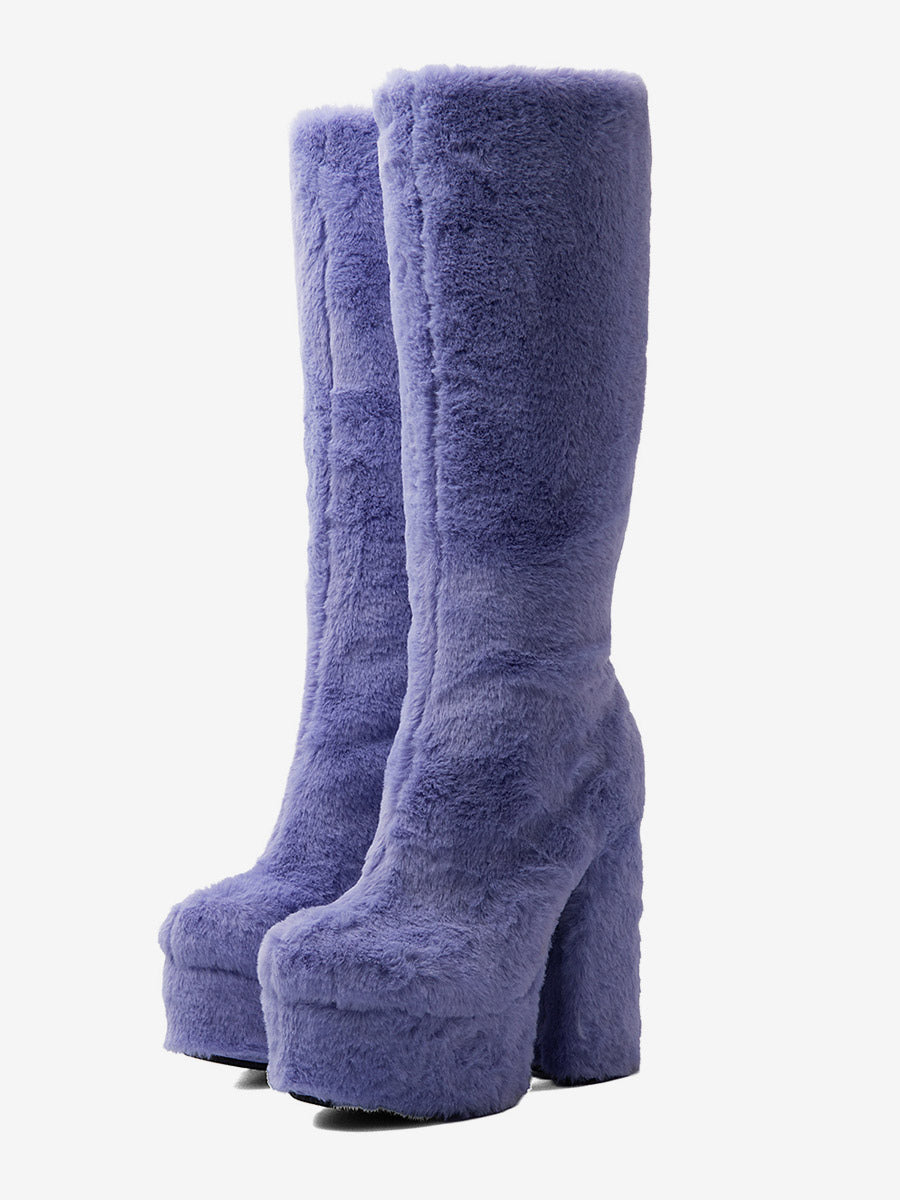 lilac round toe platform block heel knee high boots — view 1