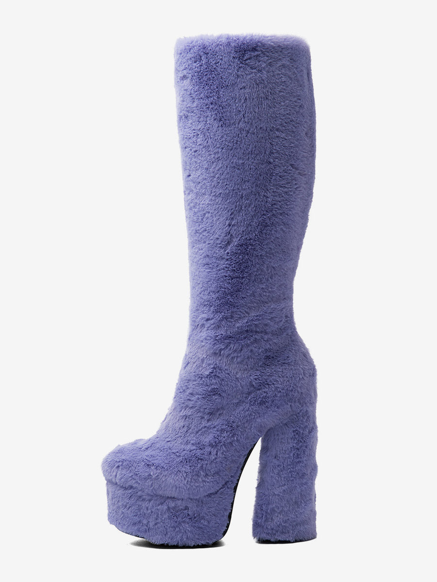 lilac round toe platform block heel knee high boots — view 2