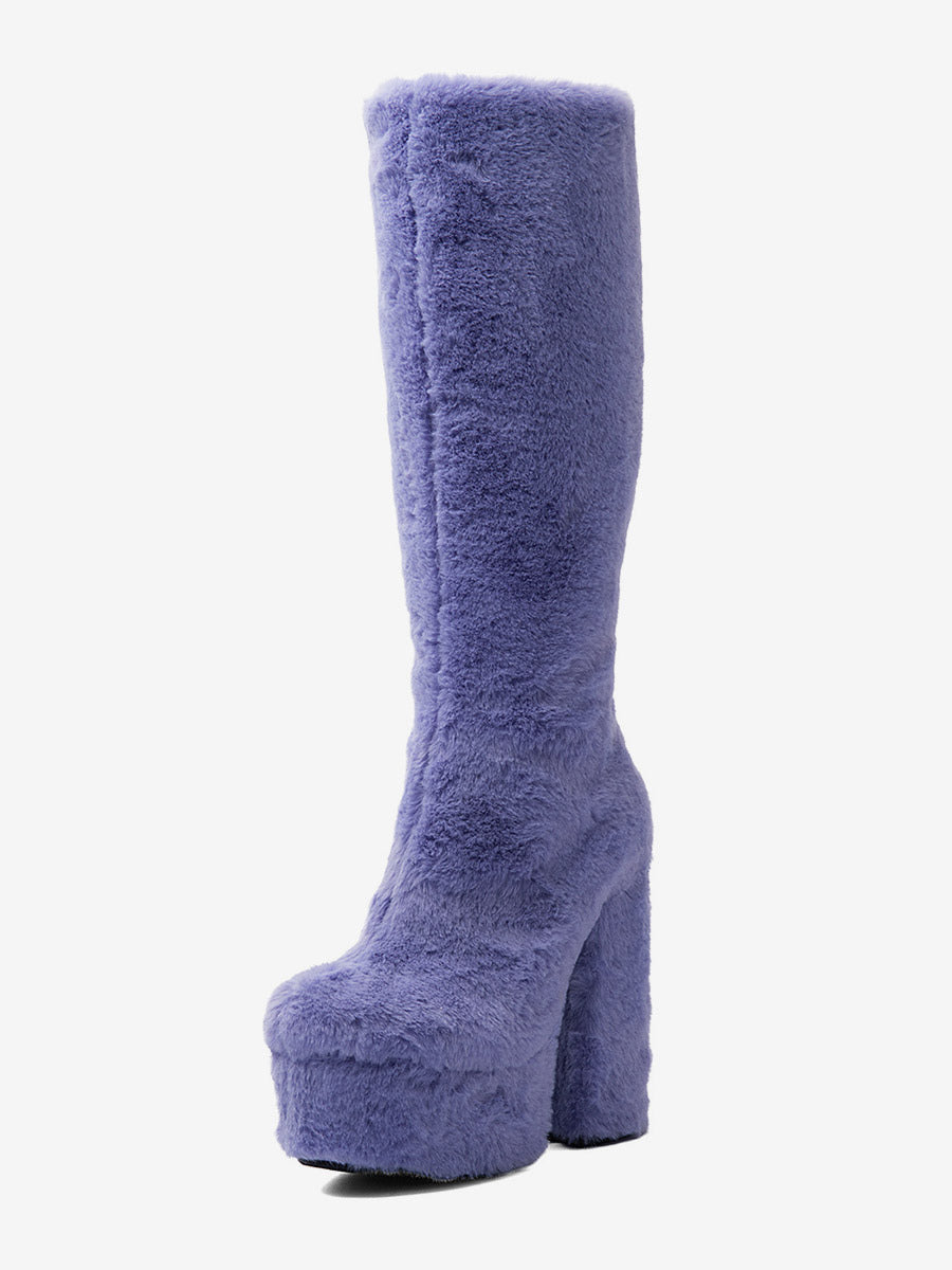 Lilac Round-Toe Platform Block Heel Knee-High Boots — view 3