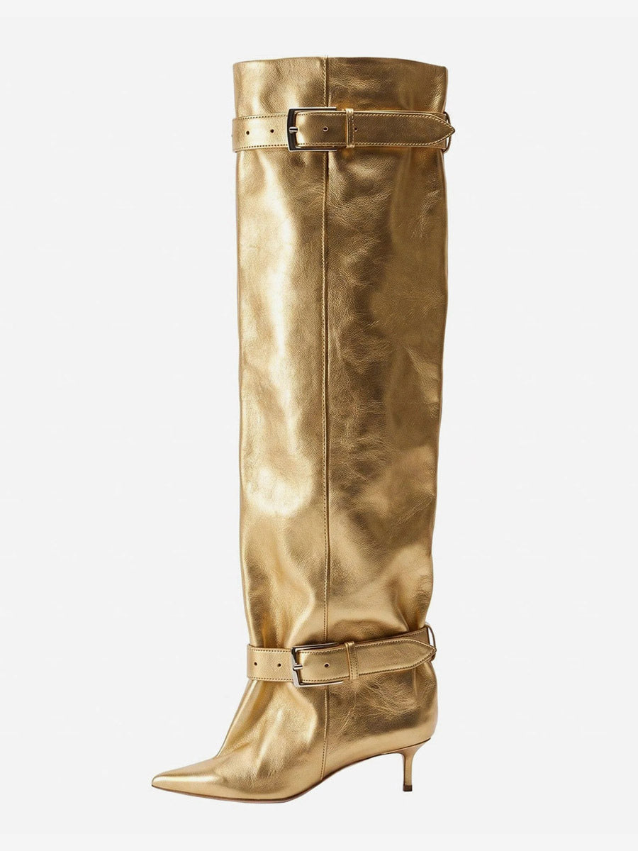 Gold Pointed-Toe Buckle Over-The-Knee Boots — view 16