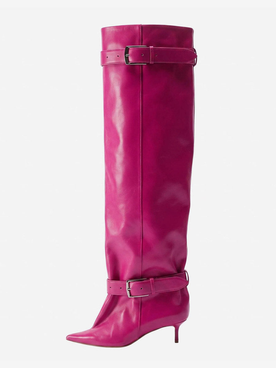 Gold Pointed-Toe Buckle Over-The-Knee Boots — view 14