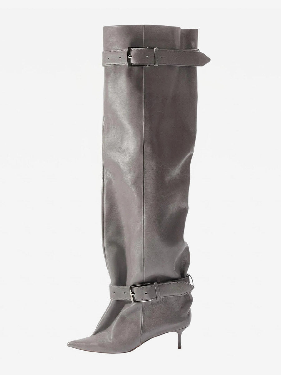 Gold Pointed-Toe Buckle Over-The-Knee Boots — view 11