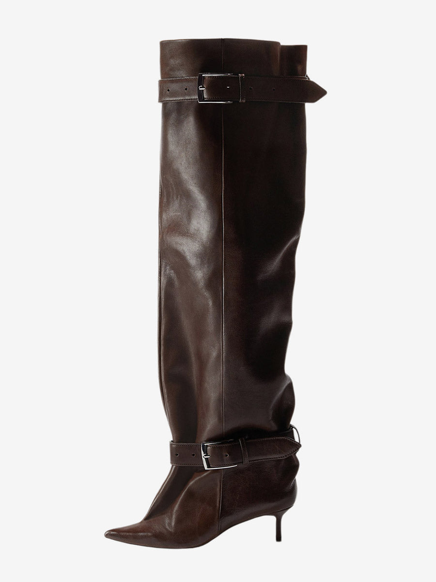 Gold Pointed-Toe Buckle Over-The-Knee Boots — view 10