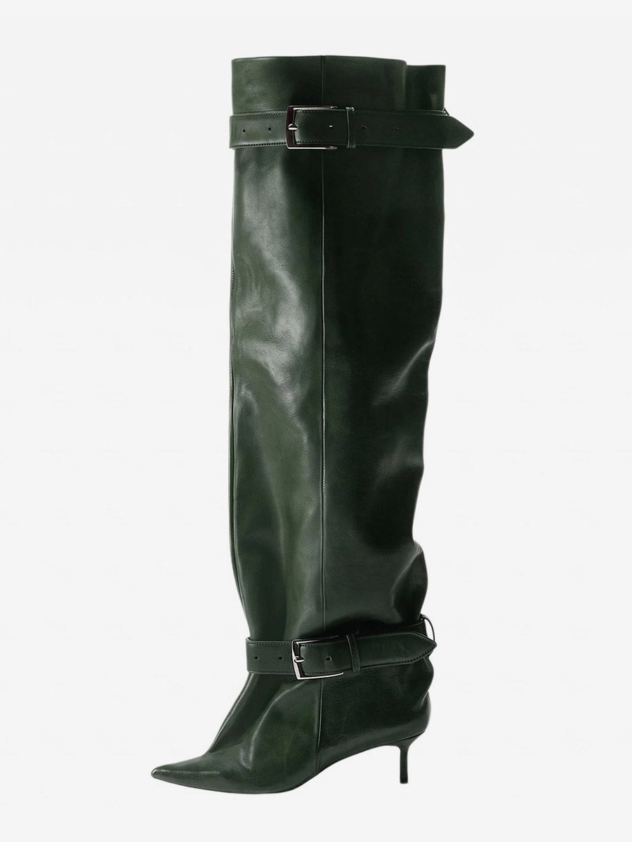 Gold Pointed-Toe Buckle Over-The-Knee Boots — view 13