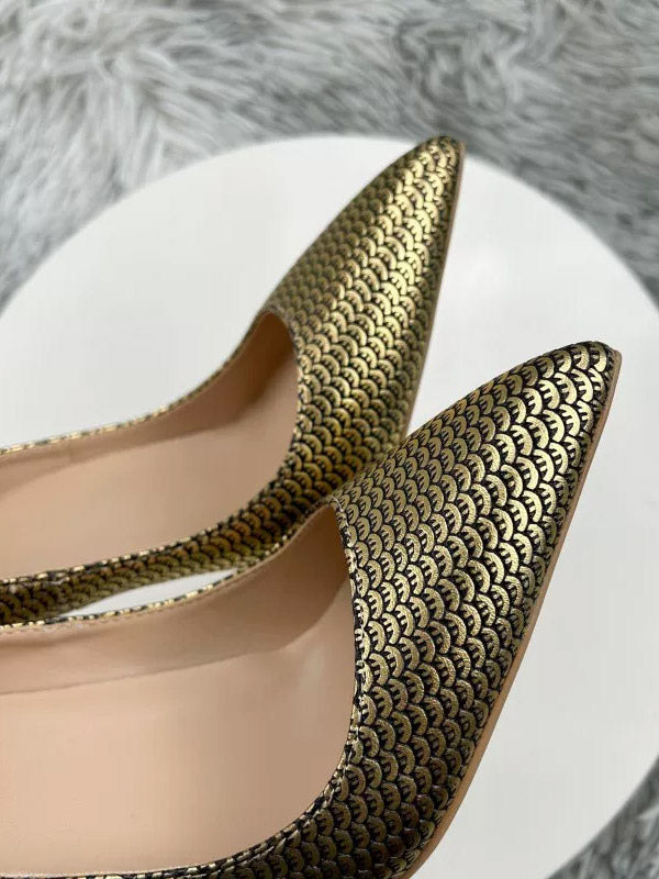 gold pointed toe stiletto heels — view 5