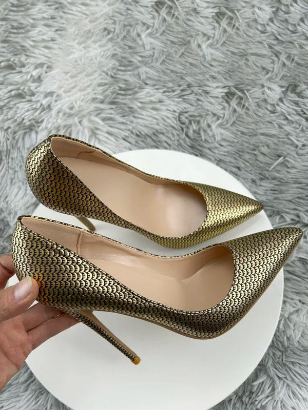 gold pointed toe stiletto heels — view 2
