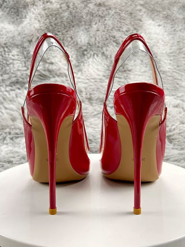 red pointed toe sheer contrast panel heels — view 8