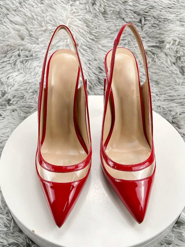 red pointed toe sheer contrast panel heels — view 7