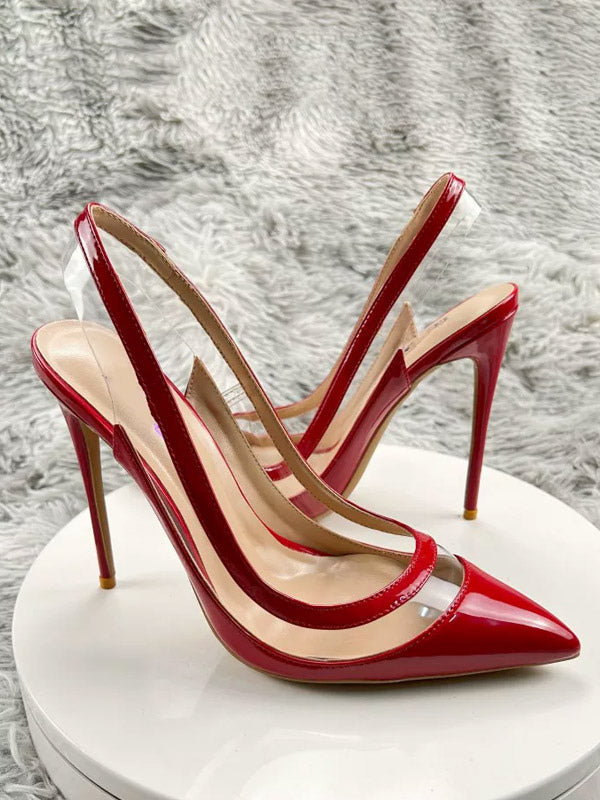 Red Pointed-Toe Sheer Contrast Panel Heels — view 6