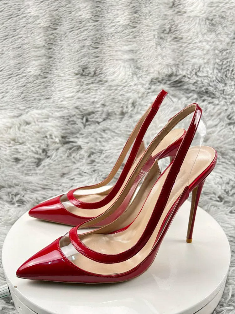 Red Pointed-Toe Sheer Contrast Panel Heels — view 5