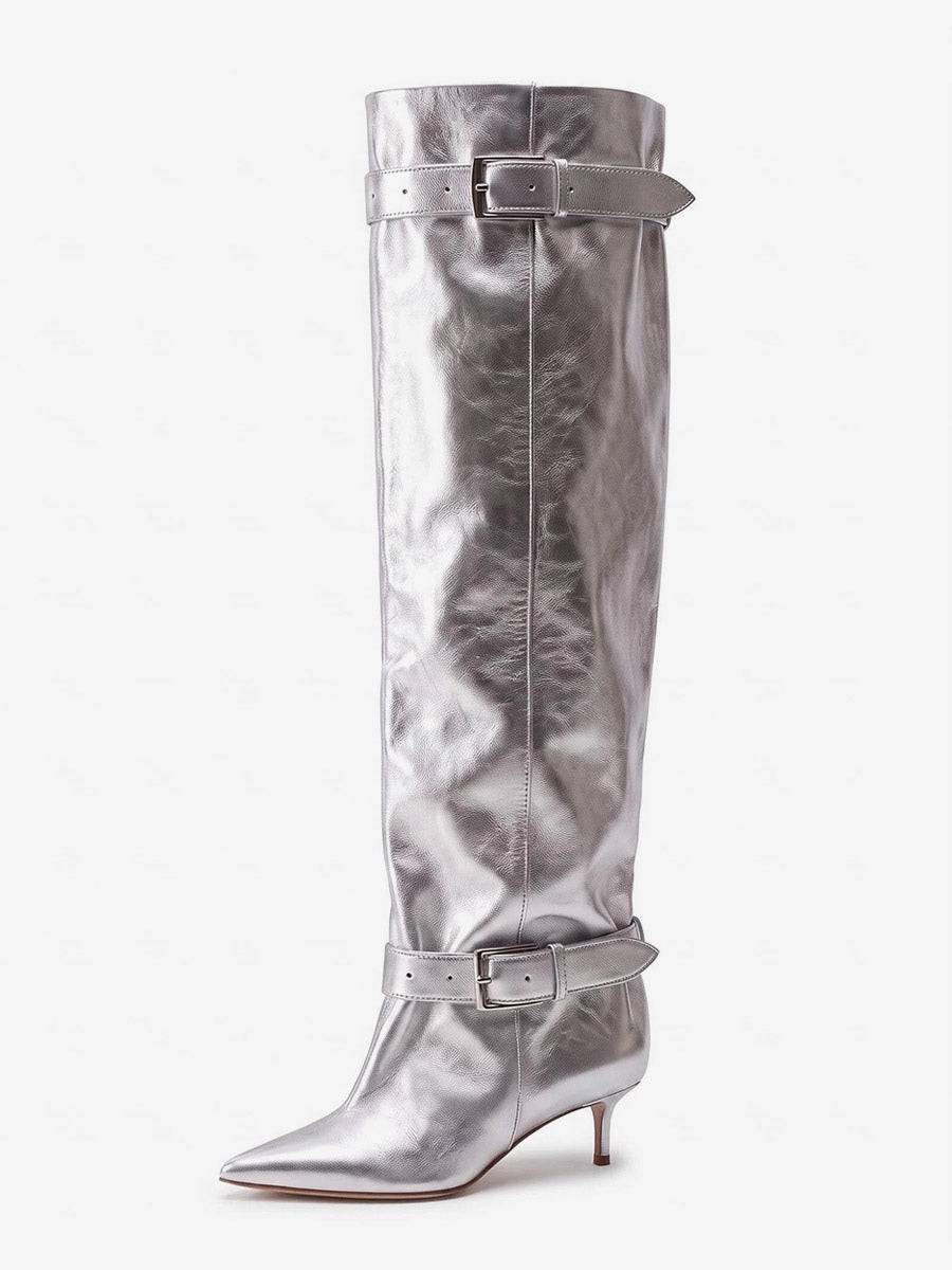 Gold Pointed-Toe Buckle Over-The-Knee Boots — view 3