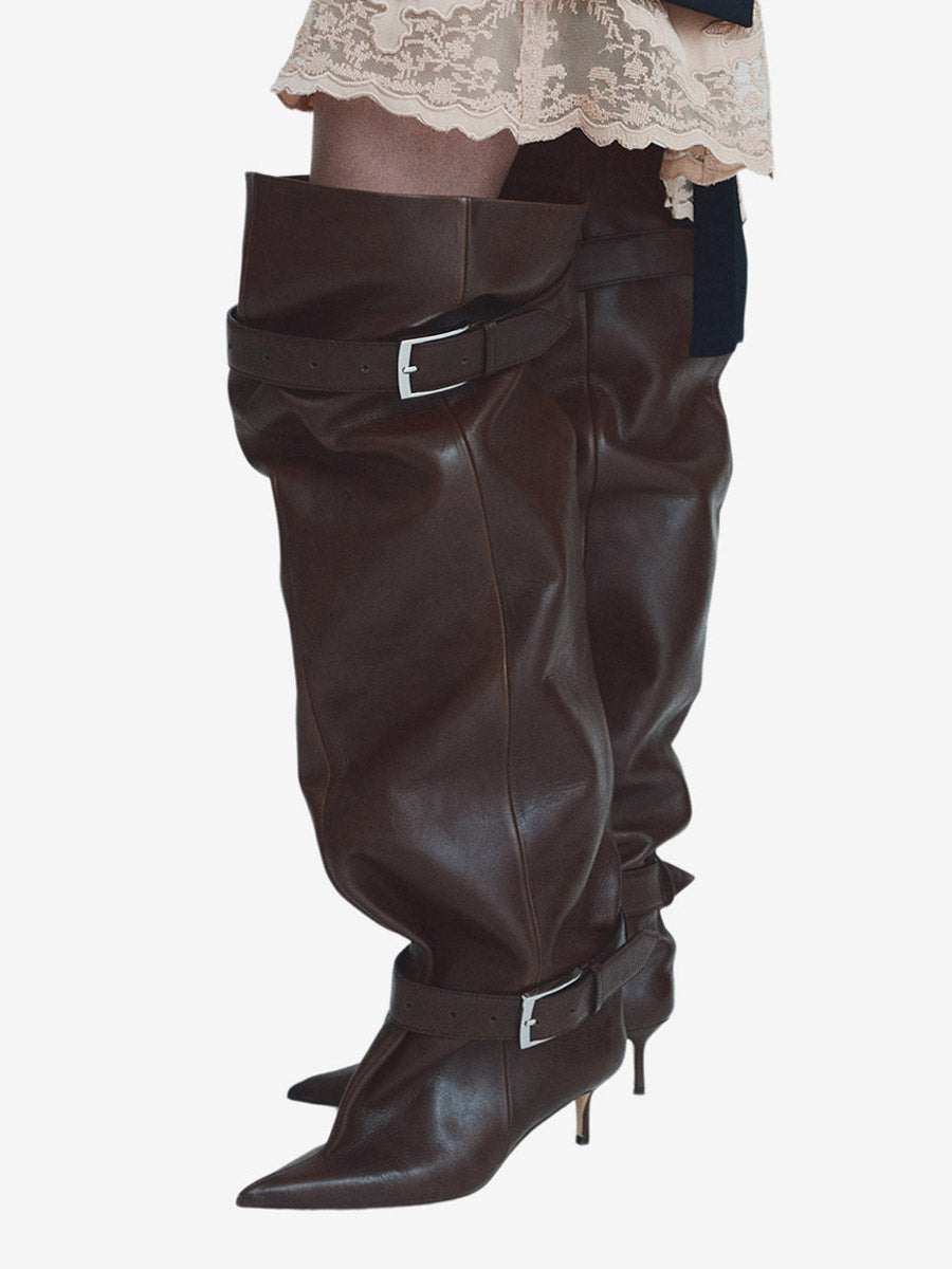 Gold Pointed-Toe Buckle Over-The-Knee Boots — view 1