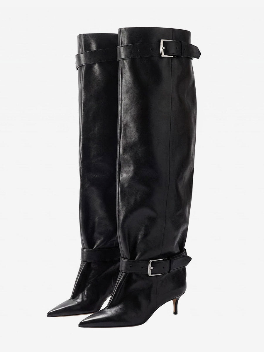 Gold Pointed-Toe Buckle Over-The-Knee Boots — view 2