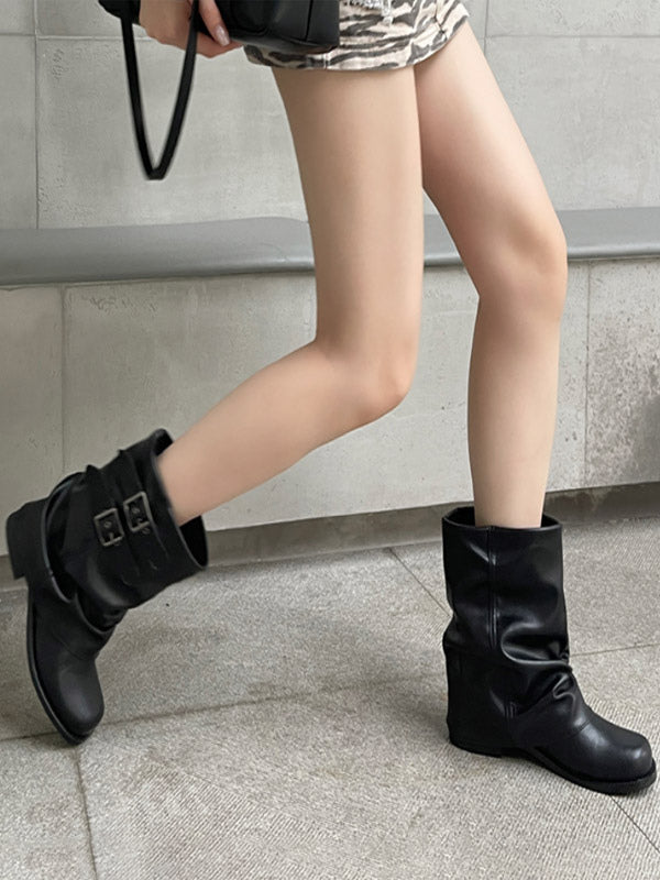 apricot round toe buckle suede effect ankle boots — view 7