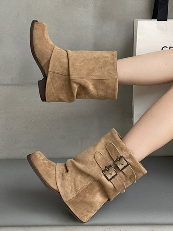 Apricot Round-Toe Buckle Suede-Effect Ankle Boots — view 5