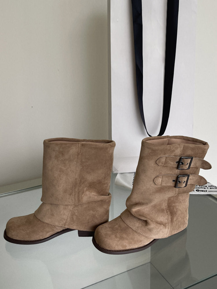 apricot round toe buckle suede effect ankle boots — view 3