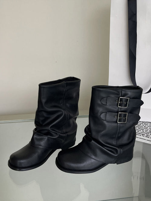 Apricot Round-Toe Buckle Suede-Effect Ankle Boots — view 2