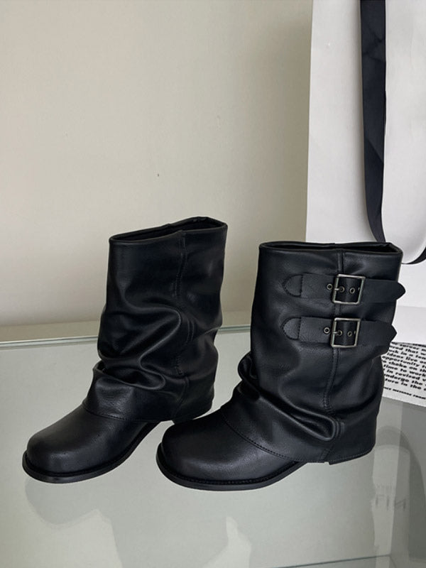 apricot round toe buckle suede effect ankle boots — view 2