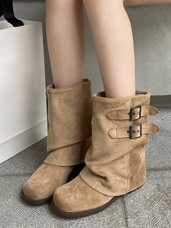 apricot round toe buckle suede effect ankle boots — view 1