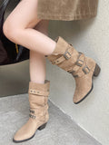 apricot pointed toe buckle beaded mid calf boots — view 4