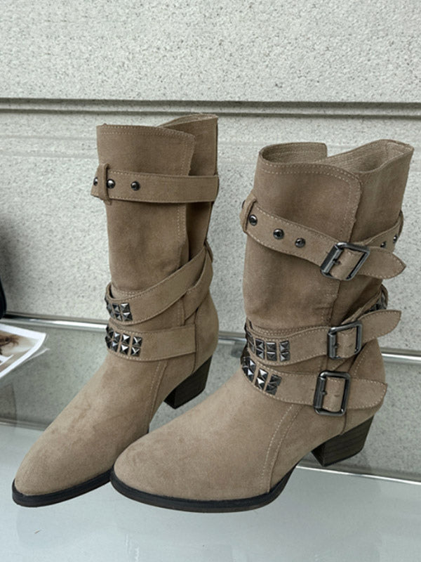Apricot Pointed-Toe Buckle Beaded Mid-Calf Boots — view 5