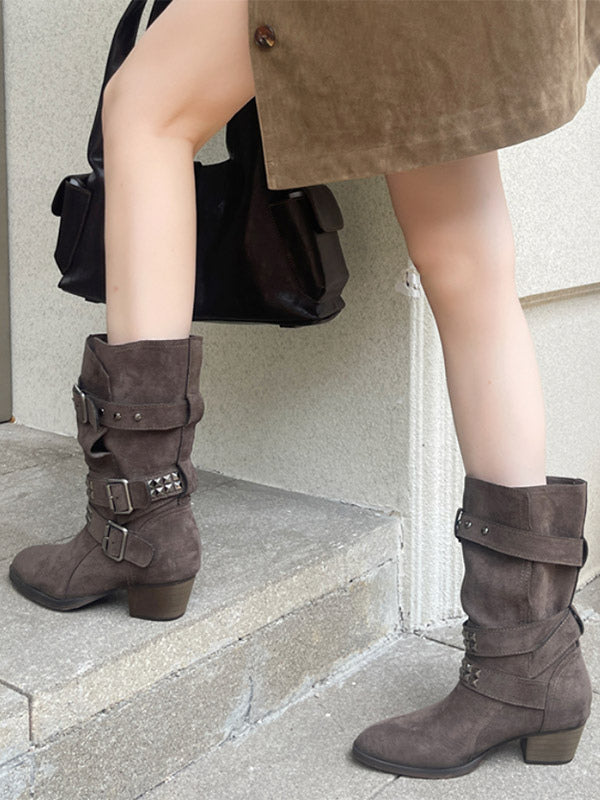Apricot Pointed-Toe Buckle Beaded Mid-Calf Boots — view 2