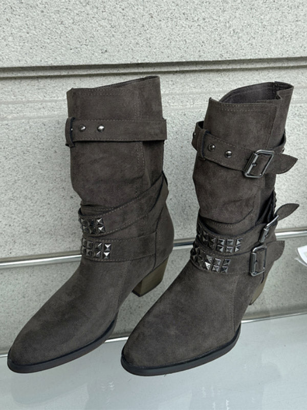 apricot pointed toe buckle beaded mid calf boots — view 3