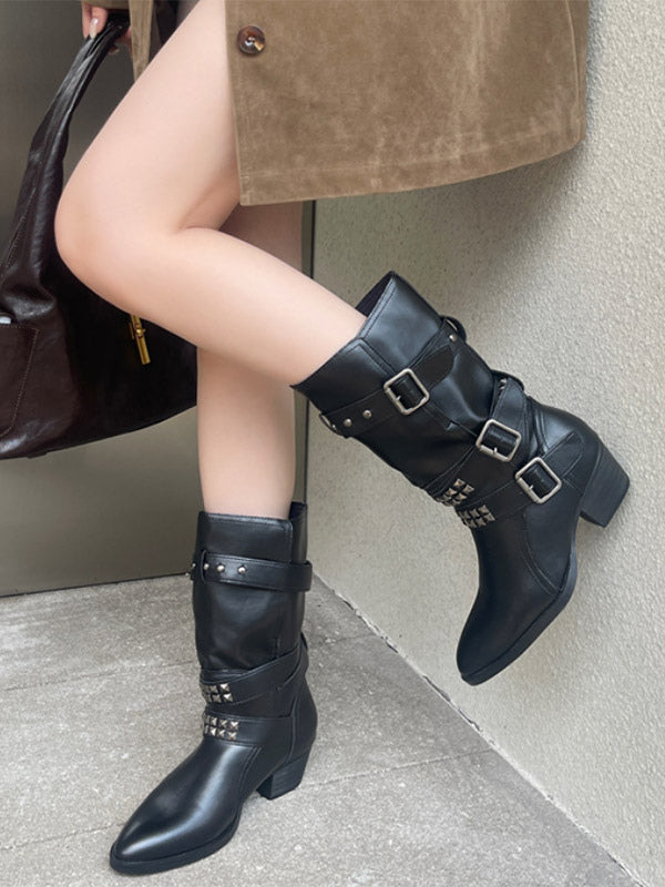 apricot pointed toe buckle beaded mid calf boots — view 6