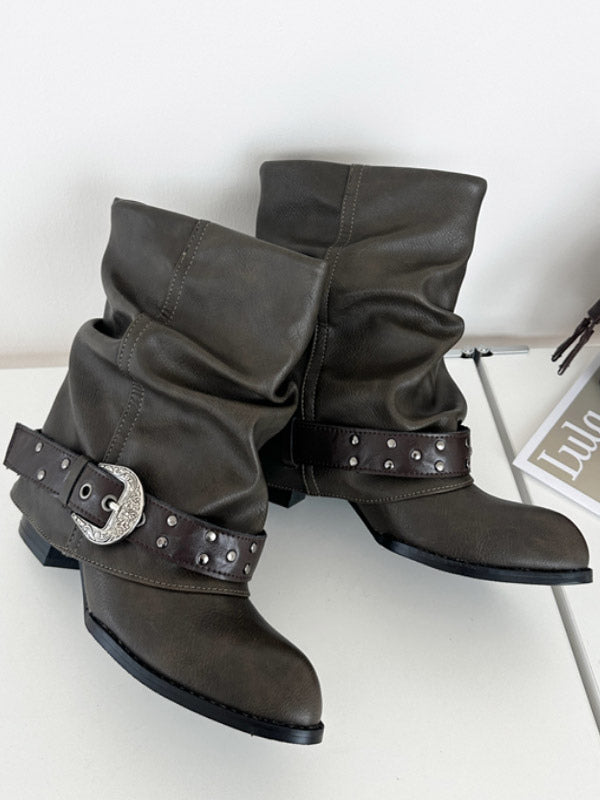 Grey Round-Toe Buckle Foldover Ankle Boots — view 2