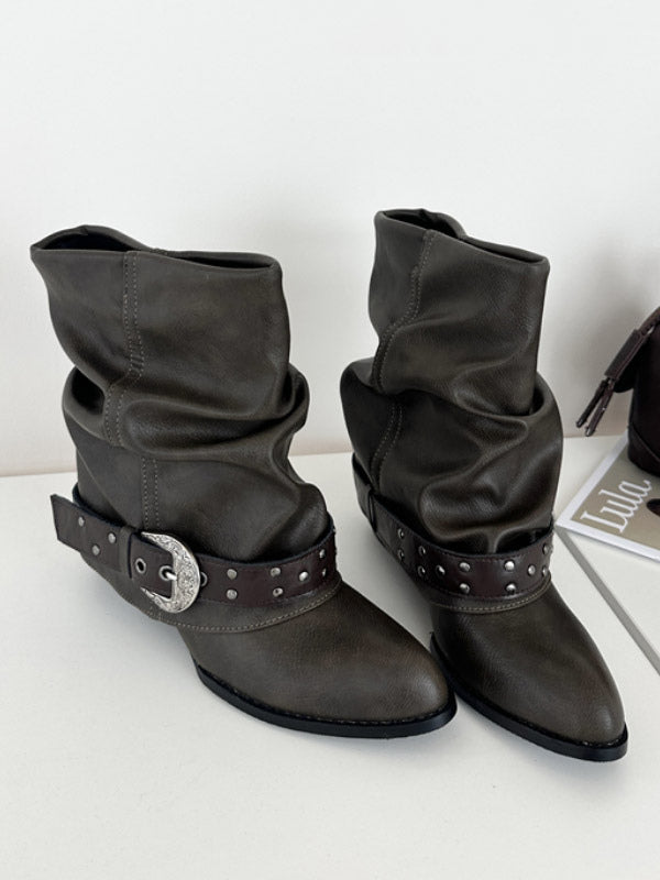 grey round toe buckle foldover ankle boots — view 3