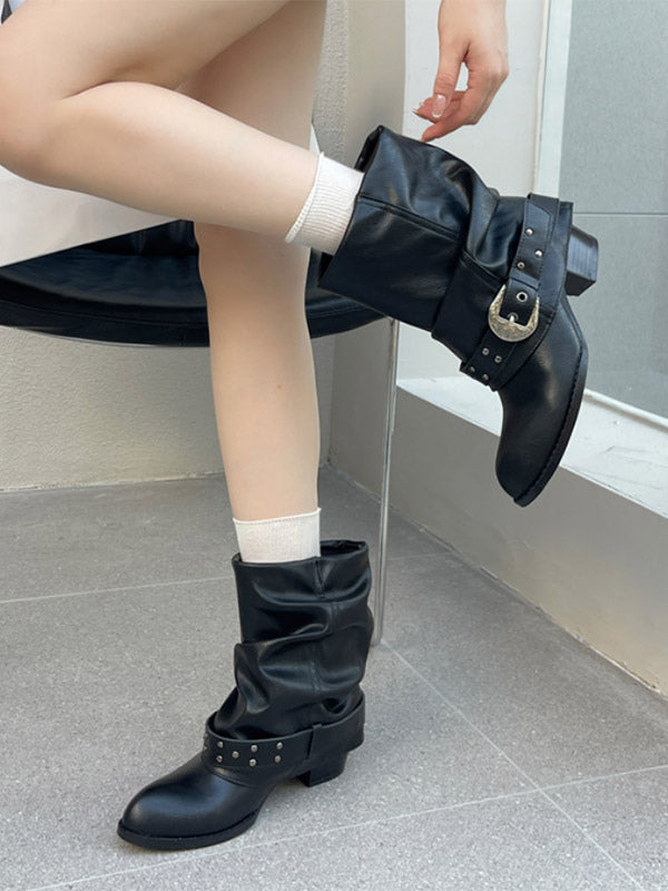 Grey Round-Toe Buckle Foldover Ankle Boots — view 5
