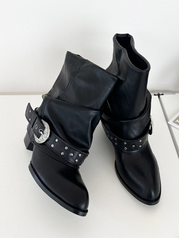 grey round toe buckle foldover ankle boots — view 6
