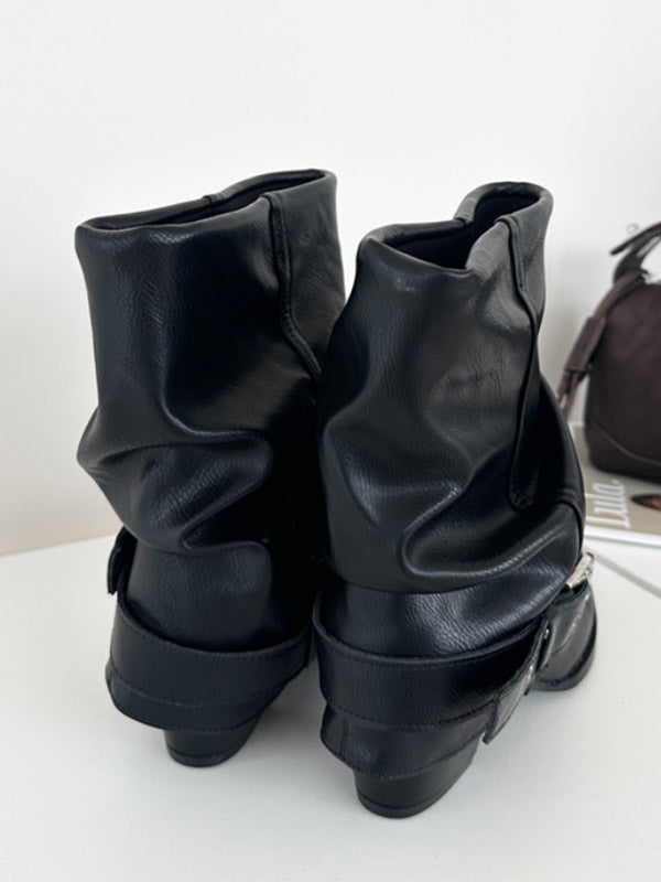 Grey Round-Toe Buckle Foldover Ankle Boots — view 7