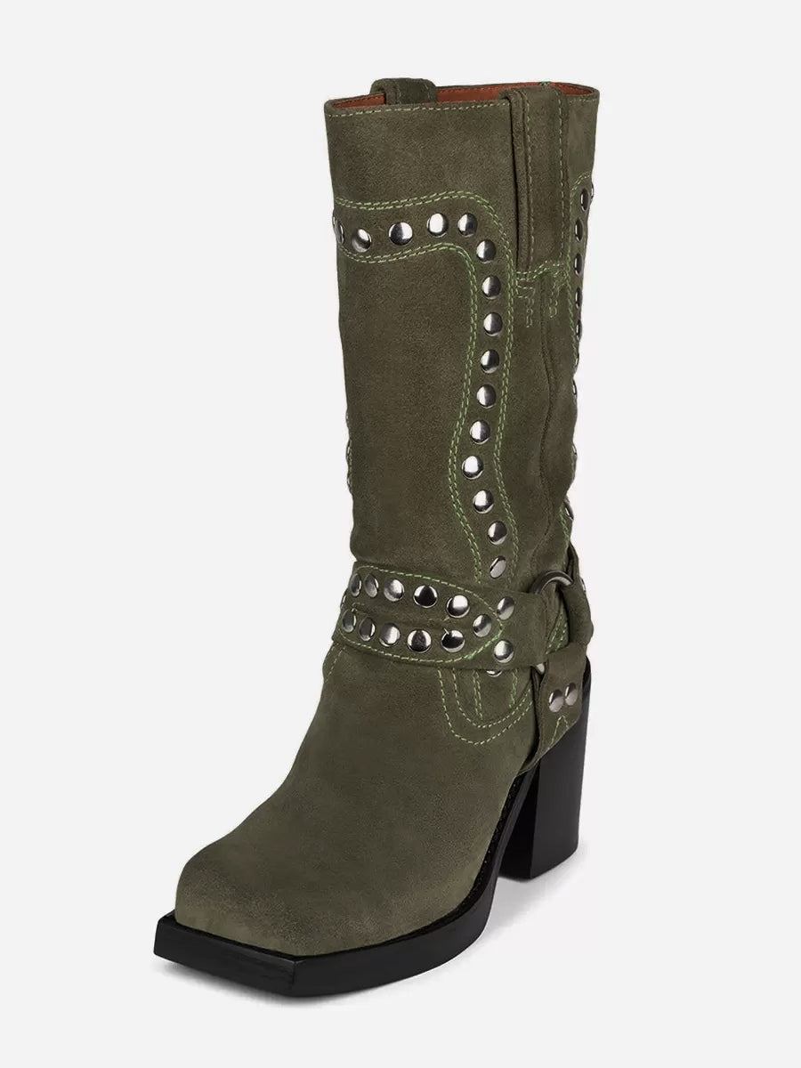 hunter green round toe block heel buckle mid calf boots — view 4