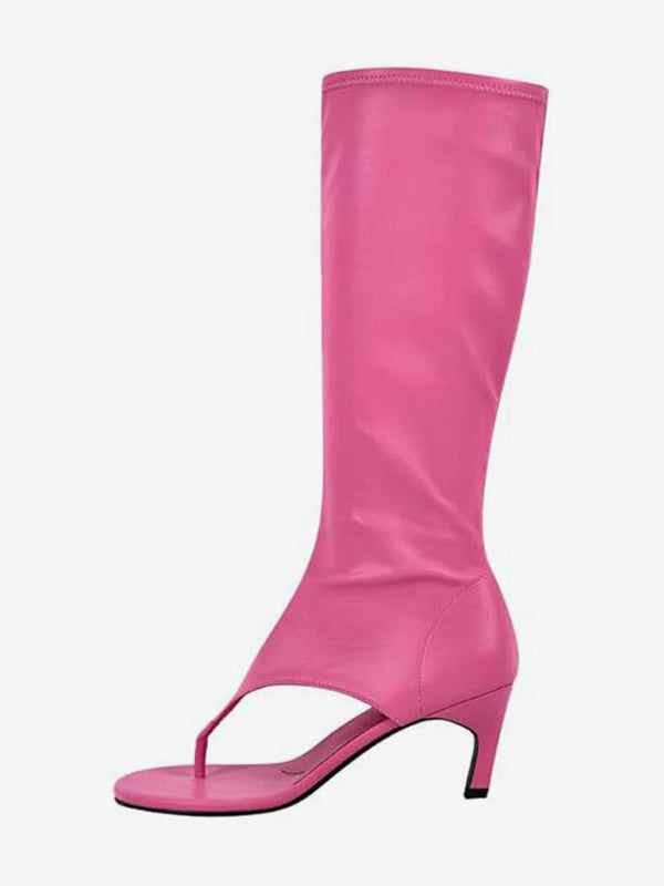 Yellow Open-Toe Kitten Heel Stretch Panel Mid-Calf Boots — view 14