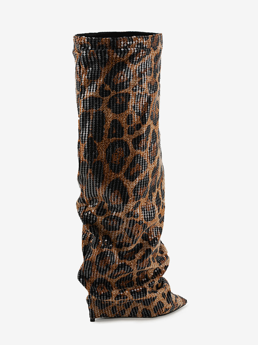 brown pointed toe leopard print sequin knee high boots — view 6