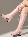 Pink Platform Block Heel Boots — view 7