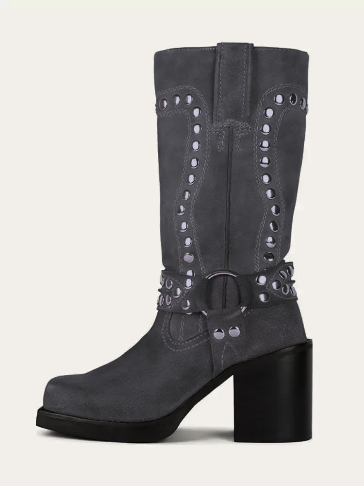 hunter green round toe block heel buckle mid calf boots — view 6
