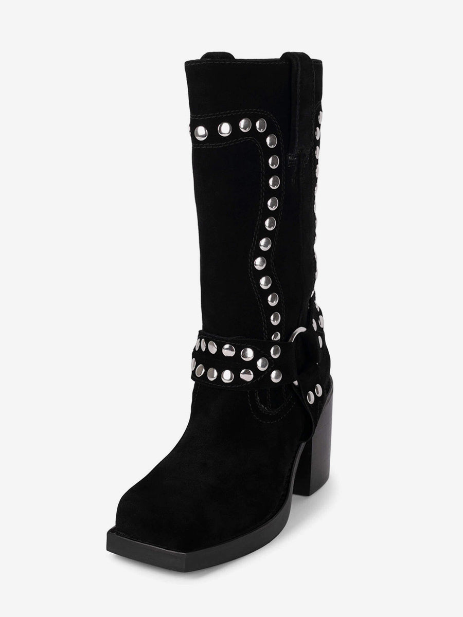 hunter green round toe block heel buckle mid calf boots — view 2
