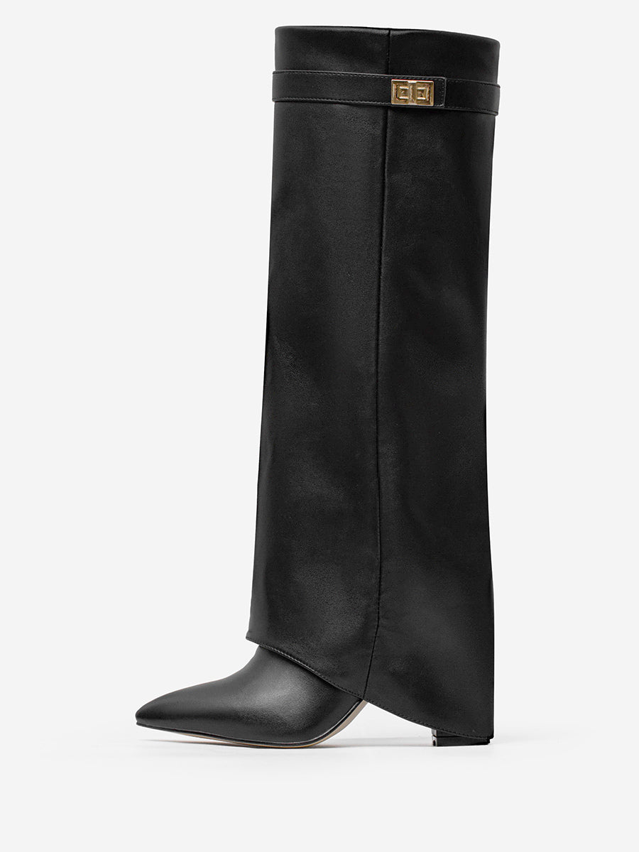 Ivory Pointed-Toe Block Heel Buckle Knee-High Boots — view 3